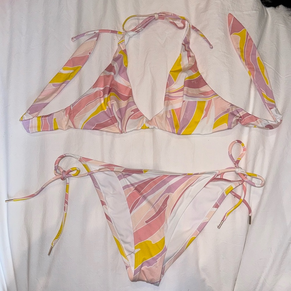 Emilio Pucci Bikini Swim Pink Multi Colored Print Set Top Size 42 Bottom Size 40